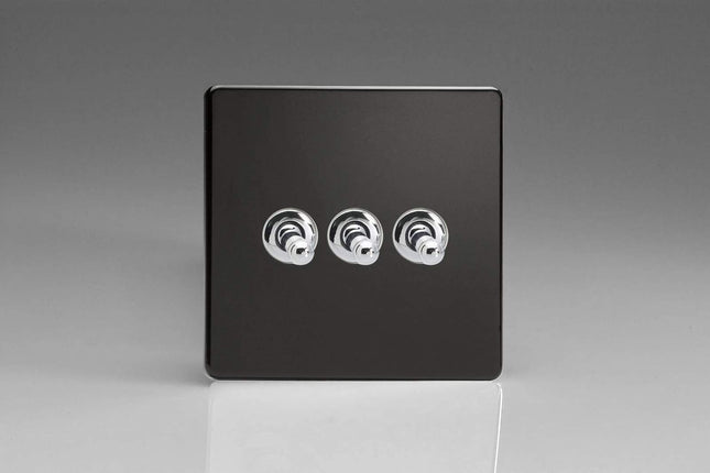 Varilight 3 Gang 2 Way 10 Amp Toggle Light Switch Flat Plate Screwless Jet Black Finished Plate XDLT3S