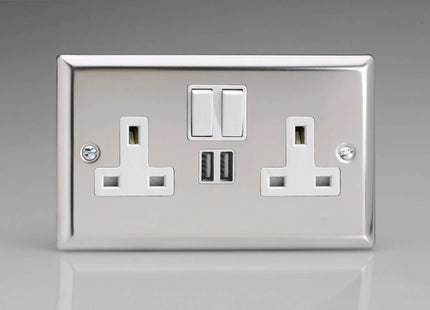 Varilight XC5U2SB 13A Switched Socket with USB Charging Ports Mirror Chrome Black Inserts, 91x150x31mm, XC5U2SW