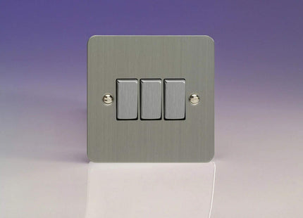 Varilight Ultra Flat Plate Brushed Chrome Metal Inserts 3 Gang 2 Way 10A Light Switch XFS3D