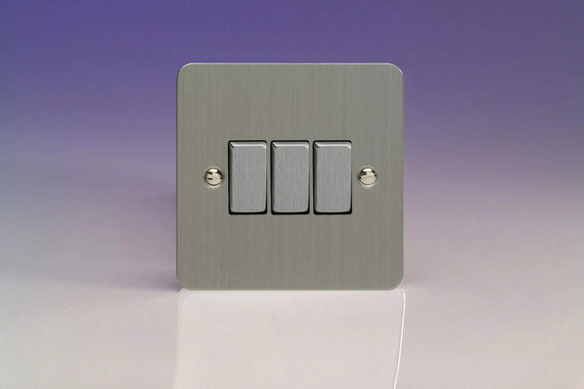 Varilight Ultra Flat Plate Brushed Chrome Metal Inserts 3 Gang 2 Way 10A Light Switch XFS3D