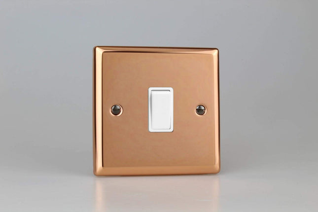 Varilight Classic Polished Copper 1-Gang 20A Double Pole Rocker Switch with White Insert