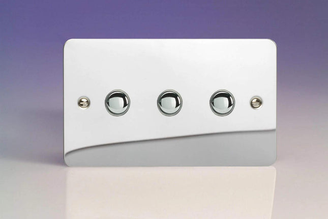 Varilight 3-Gang 6A 1- or 2-Way Push-On/Off Impulse Switch (Twin Plate) Polished Chrome XFCP3