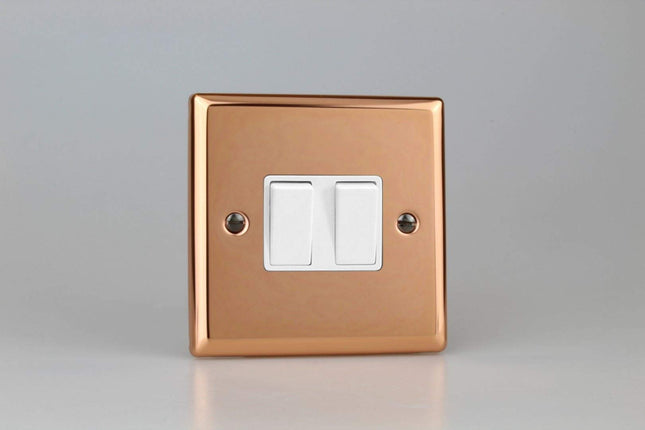 Varilight Classic Polished Copper 2-Gang 10A Intermediate Rocker Switch with White Insert