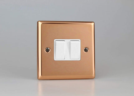 Varilight Polished Copper 2-Gang (10A Intermediate + 10A 2-Way Rocker Switch) with White Insert