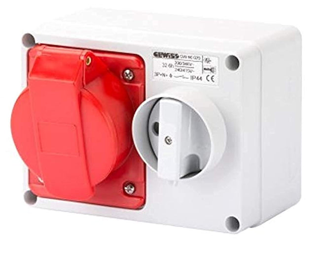 Gewiss GW66020 Horizontal Interlocked Socket Outlet, IP44, 6 Reference, 3P+N+E Pole, 380V-415V, 32 A, 50 Hz/60 Hz, Red