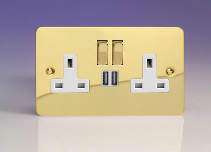 Varilight Ultra Flat Polished Brass 2-Gang 13 Amp Socket + 2x USB Charging Port White Inserts