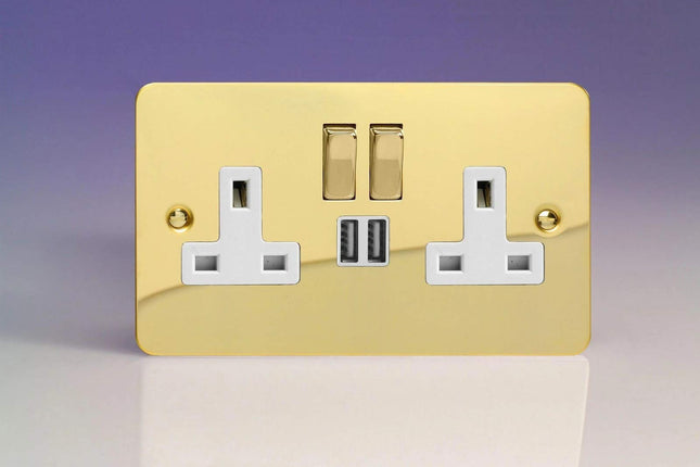 Varilight Ultra Flat Polished Brass 2-Gang 13 Amp Socket + 2x USB Charging Port White Inserts