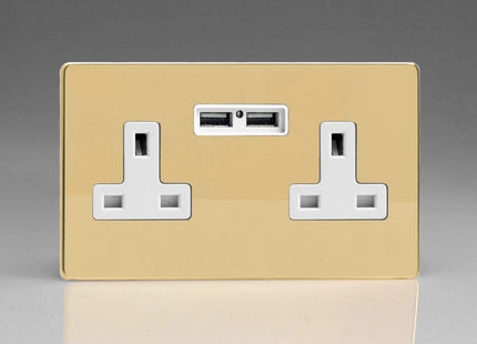 Varilight 2-Gang, 13 Amp Unswitched Socket with 2 Optimised USB Charging Ports, White Insert. Dimension Screwless Polished Brass Effect