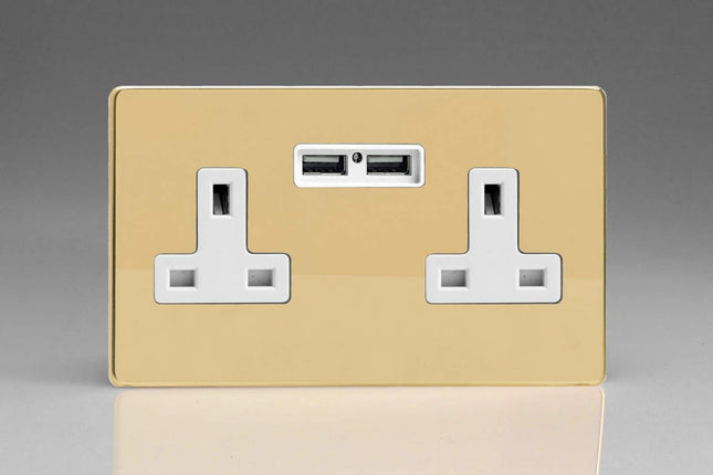 Varilight 2-Gang, 13 Amp Unswitched Socket with 2 Optimised USB Charging Ports, White Insert. Dimension Screwless Polished Brass Effect