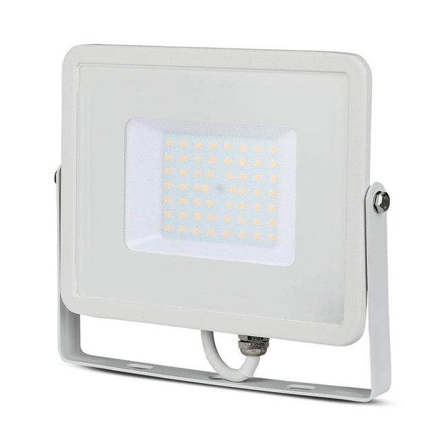 V-TAC 50W Waterproof Outdoor Security LED Floodlight with Samsung LED White Body White Glass IP65 3000K Warm White 4000 lumens [Energy Class A+], VT-50-W