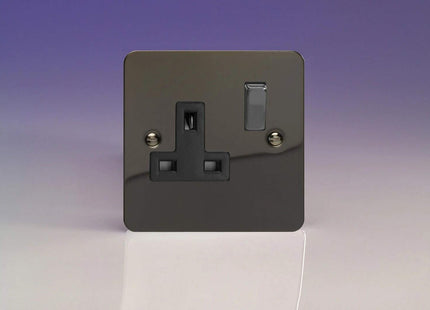 Varilight Ultra Flat Plate Iridium Black 1-Gang 13A Switched Plug Socket Black Insert XFi4DB