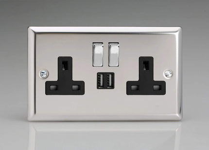 Varilight XC5U2SDB 13A Socket 2-Gang With USB Black Mirror Chrome
