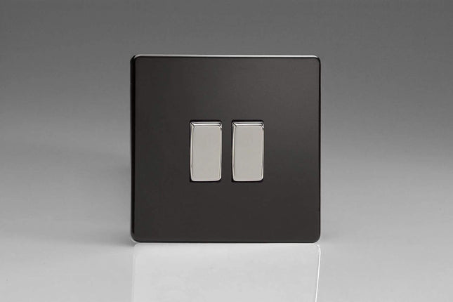Varilight Flat Plate Screwless Jet Black 2-Gang 2 Way 10A Light Switch Polished Chrome Inserts XDL2S