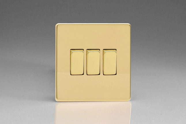 Varilight Flat Plate Screwless Polished Brass 3 Gang Light Switch XDV3S