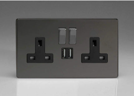 Varilight Flat Plate Screwless Iridium Black 2-Gang 13 Amp Socket + 2x USB Charging Port Black Inserts