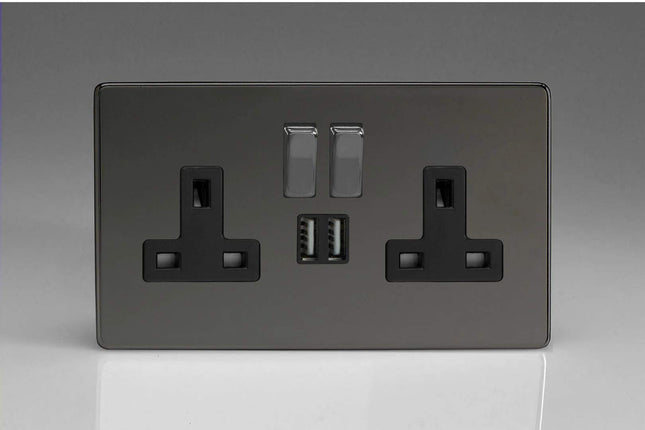 Varilight Flat Plate Screwless Iridium Black 2-Gang 13 Amp Socket + 2x USB Charging Port Black Inserts