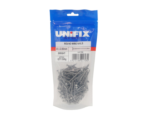 Unifix Bright Round Wire Nails CE - 50 x 2.65mm (500g Bag) (Box of 5)