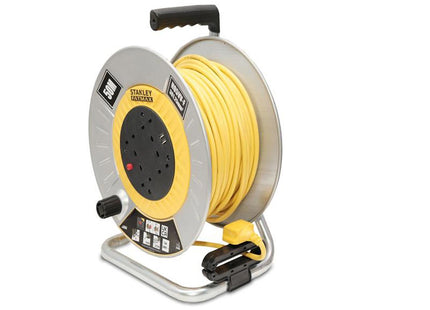 Stanley Electrical Open Metal Drum Cable Reel 240V 13A 4-Socket + 2 Usb 50M