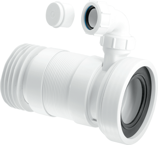 McAlpine WC-F26RV 97-107mm Inlet x 4"/110mm Outlet Flexible WC Connector with 1¼ Universal Vent Boss.