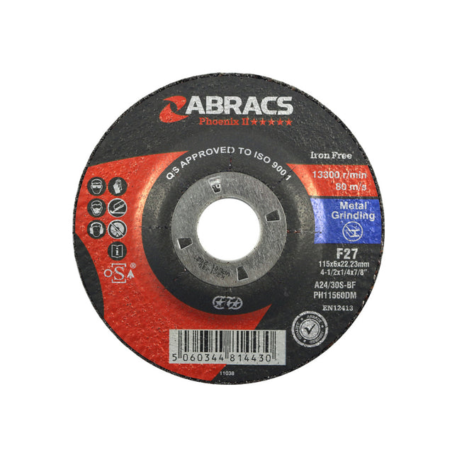 Abracs Phoenix Ii Depressed Centre Metal Grinding Disc - 115 x 6.5 x 22mm (Box of 25)