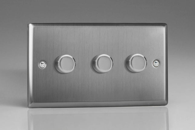 Varilight JTDP303 Classic Brushed Steel 3 Gang 2-Way Push On/Off LED Dimmer 0-120W V-Pro