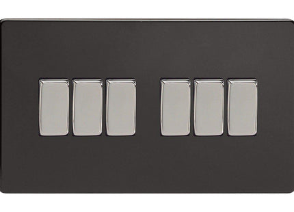 Varilight Decorative 6-Gang 10A 1- or 2-Way Rocker Switch (Twin Plate) Screwless Premium Black XDL96S