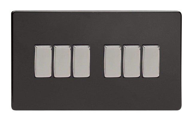 Varilight Decorative 6-Gang 10A 1- or 2-Way Rocker Switch (Twin Plate) Screwless Premium Black XDL96S