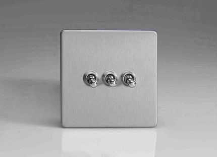 Varilight 3 Gang 10A 1 Or 2 Way Toggle Switch In Brushed Steel