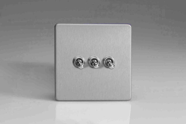 Varilight 3 Gang 10A 1 Or 2 Way Toggle Switch In Brushed Steel