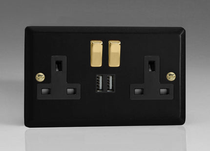 Varilight Vogue Collection Matt Black 2-Gang 13 Amp Single Pole Switched Socket + 2 x 5V DC 2100mA USB Charging Ports