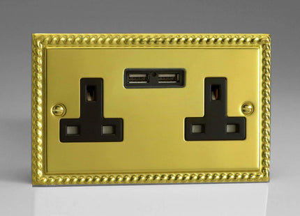Varilight 2-Gang, 13 Amp Unswitched Socket with 2 Optimised USB Charging Ports, Black Insert. Classic Georgian Polished Brass Effect