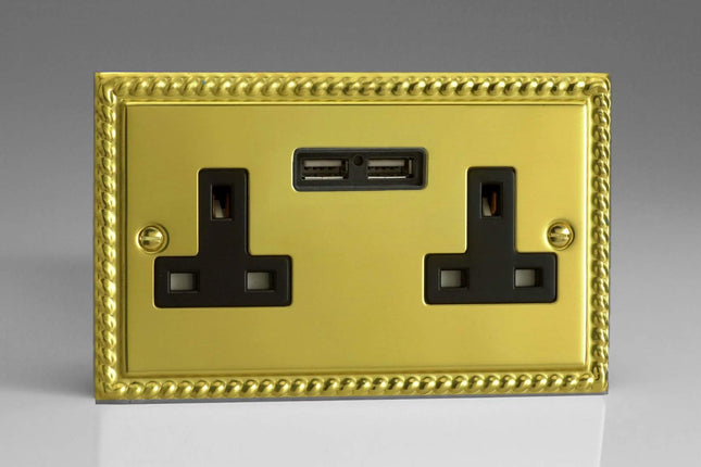 Varilight 2-Gang, 13 Amp Unswitched Socket with 2 Optimised USB Charging Ports, Black Insert. Classic Georgian Polished Brass Effect
