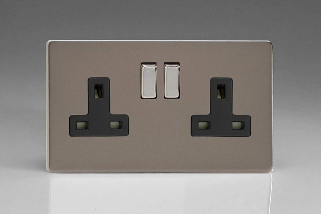 Varilight 2-Gang 13A Double Pole Switched Plug Socket with Metal Rockers Pewter XDR5BS
