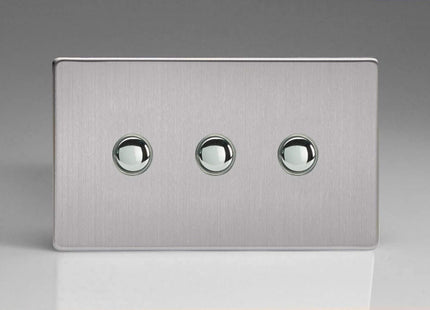 Varilight 3-Gang 6A 1- or 2-Way Push-On/Off Impulse Switch (Twin Plate) Brushed Steel XDSP3S