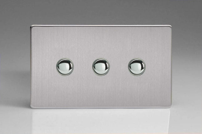 Varilight 3-Gang 6A 1- or 2-Way Push-On/Off Impulse Switch (Twin Plate) Brushed Steel XDSP3S