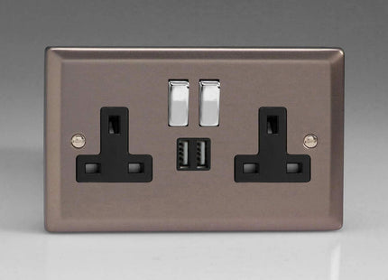 Varilight Classic Pewter 2-Gang 13 Amp Socket + 2x USB Charging Port Black Inserts & Decorative Switches
