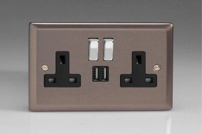 Varilight Classic Pewter 2-Gang 13 Amp Socket + 2x USB Charging Port Black Inserts & Decorative Switches
