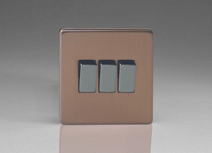 Varilight Flat Plate Screwless Brushed Bronze 3 Gang 2-Way 10 Amp Light Switch