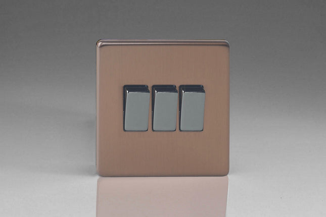Varilight Flat Plate Screwless Brushed Bronze 3 Gang 2-Way 10 Amp Light Switch