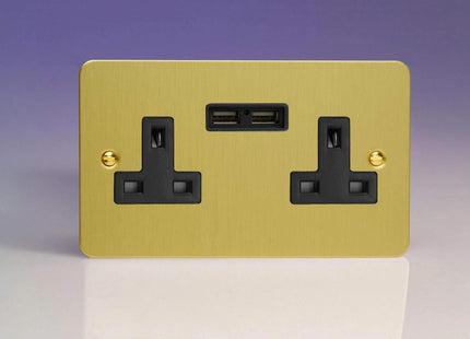 Varilight 2-Gang 13A Unswitched Plug Socket + 2 5V DC 2100mA USB Charging Ports Brushed Brass XFB5U2B