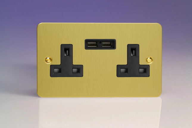 Varilight 2-Gang 13A Unswitched Plug Socket + 2 5V DC 2100mA USB Charging Ports Brushed Brass XFB5U2B
