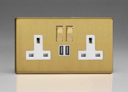 Varilight Flat Plate Screwless Brushed Brass 2-Gang 13 Amp Socket + 2x USB Charging Port White Inserts