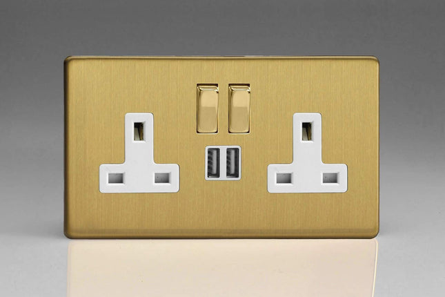 Varilight Flat Plate Screwless Brushed Brass 2-Gang 13 Amp Socket + 2x USB Charging Port White Inserts