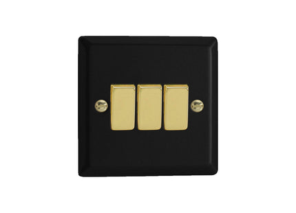 Varilight Vogue Collection Matt Black 3 Gang 1 or 2-Way 10 Amp Switch with Brass Rocker