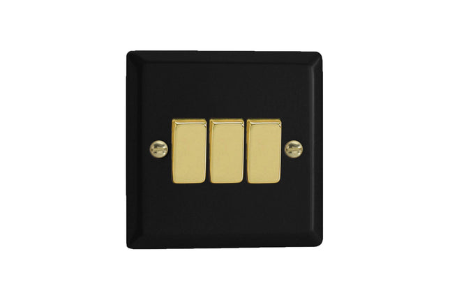 Varilight Vogue Collection Matt Black 3 Gang 1 or 2-Way 10 Amp Switch with Brass Rocker