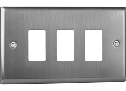 Varilight XTPGY3 Classic Brushed Steel 3 Gang PowerGrid Plate (Twin Plate)