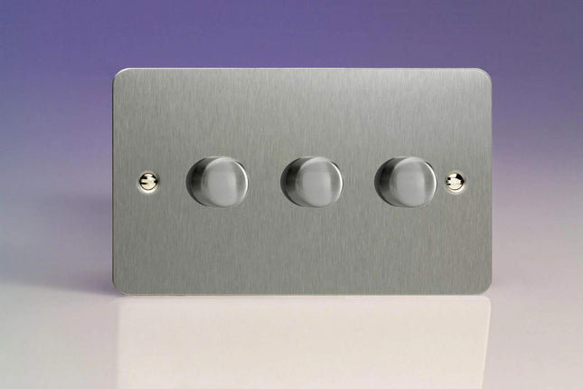 Varilight V-Pro Ultra Flat 3 Gang Brushed Steel LED Trailing Edge Dimmer Switch 1 or 2 Way