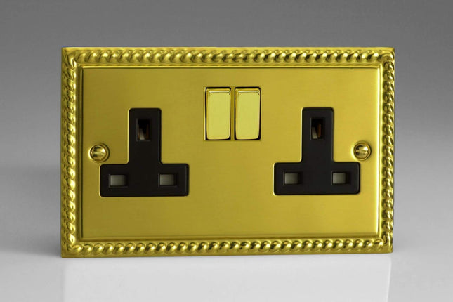 Varilight Classic Georgian Brass 2-Gang 13A Plug Socket Decorative & Black Insert XG5DB