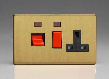 Varilight Flat Plate Screwless Brushed Brass 45A Cooker Switch & 13A Plug Socket with Neon Black Insert XDB45PNBS