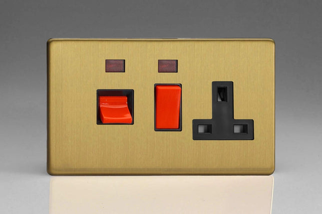 Varilight Flat Plate Screwless Brushed Brass 45A Cooker Switch & 13A Plug Socket with Neon Black Insert XDB45PNBS